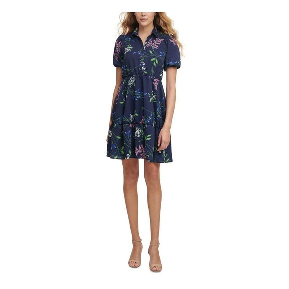 KENSIE Womens Blue Flounce Hemline Shirred Waist Pouf Sleeve Short Shirt Dress 2 - Picture 1 of 4